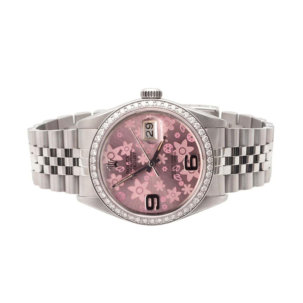 Rolex-Uhr mit rosafarbenem Blumen-Zifferblatt, Edelstahl Jubilee Diamant, Rolex-Datum, einfach schnell eingestellt