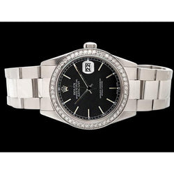 Rolex-Uhr Datejust Edelstahl mit schwarzem Zifferblatt und Diamantlünette. SCHNELLES SET
