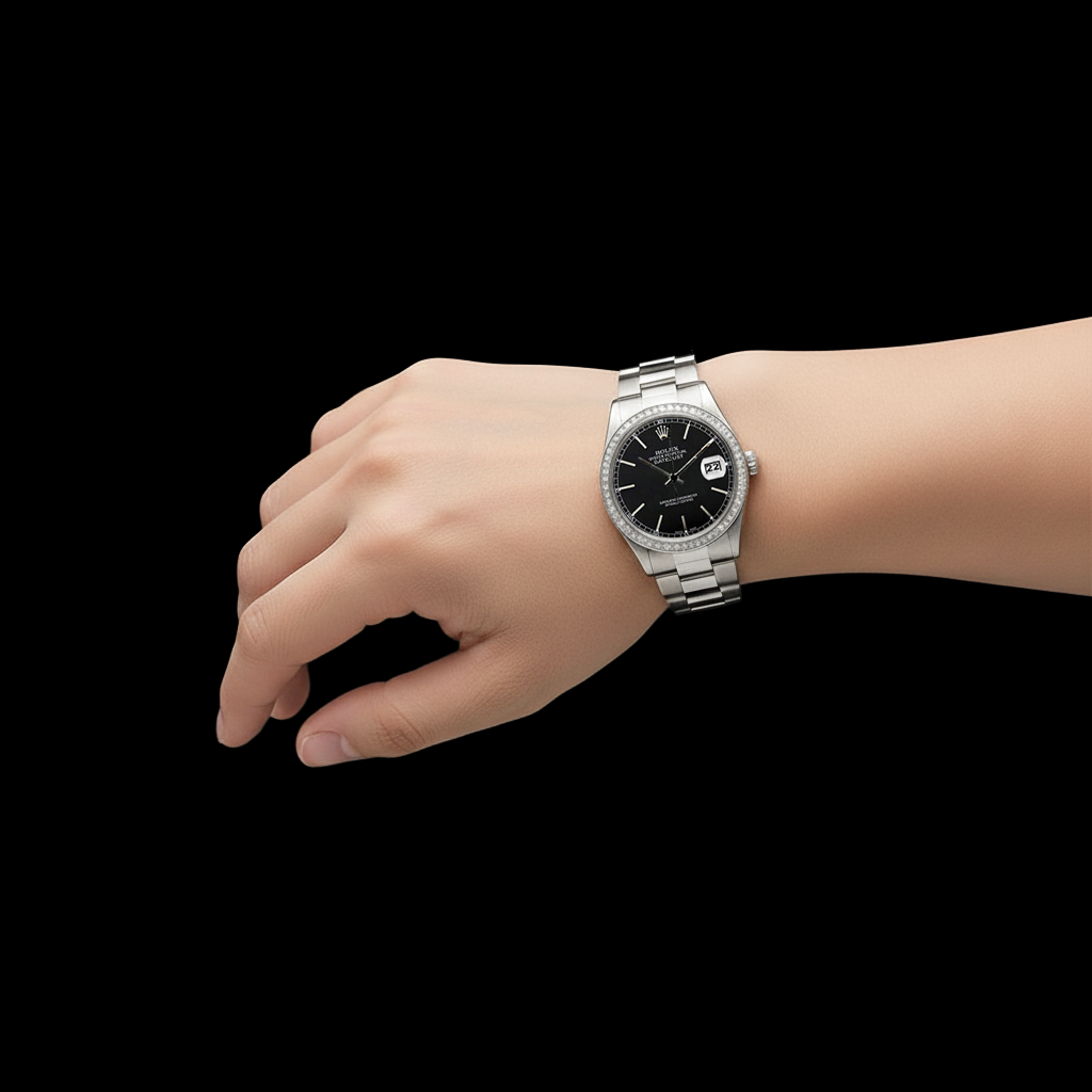 Rolex-Uhr Datejust Edelstahl mit schwarzem Zifferblatt und Diamantlünette. SCHNELLES SET