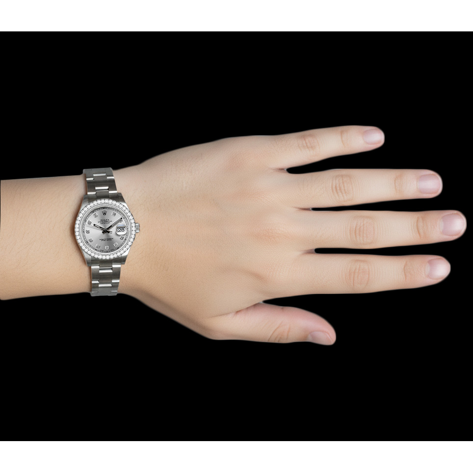 Rolex-Uhr aus Edelstahl mit Diamantlünette, silbernes Diamantzifferblatta