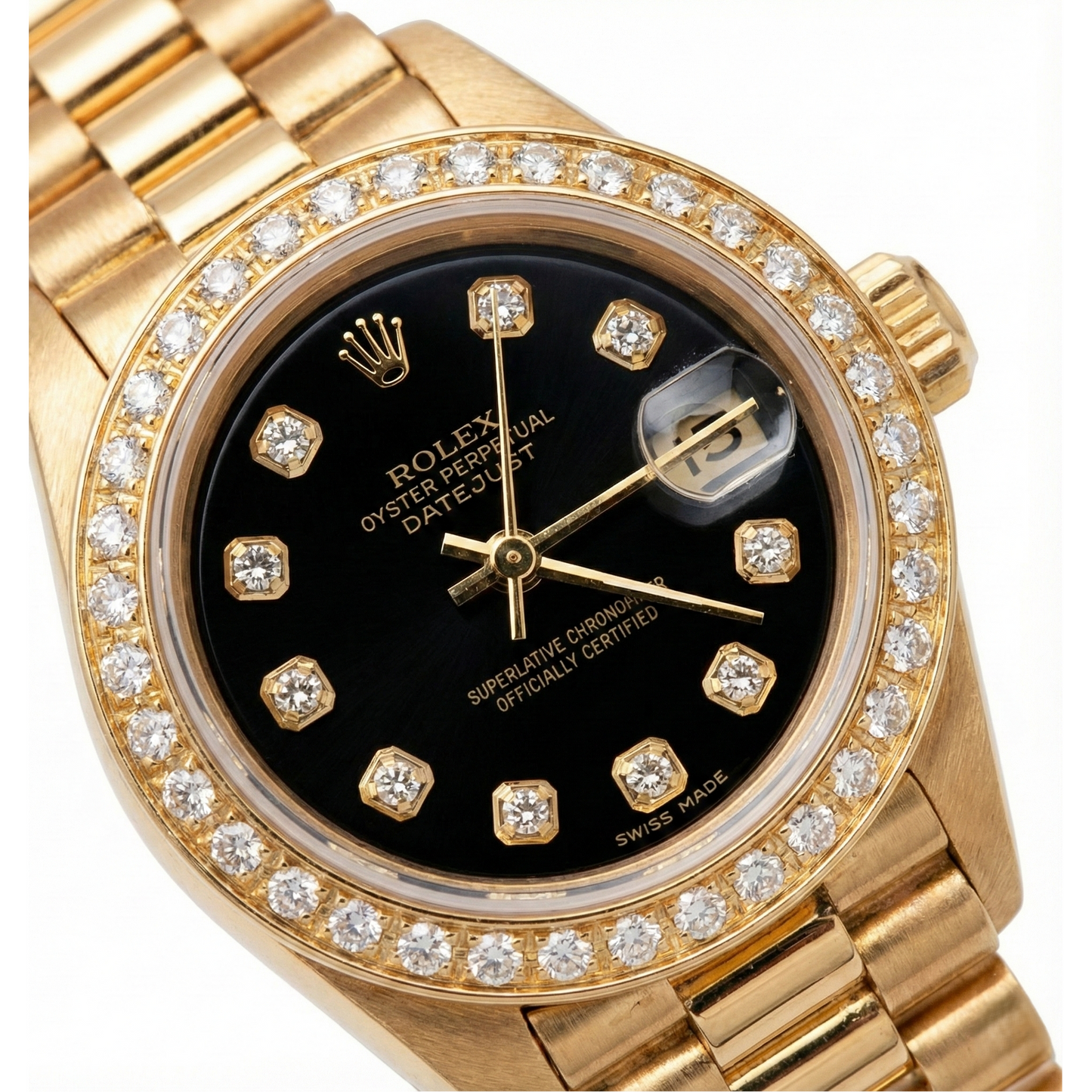 Rolex-Uhr im Präsidentenstil mit schwarzem Diamant-Zifferblatt und Lünette von Datejust