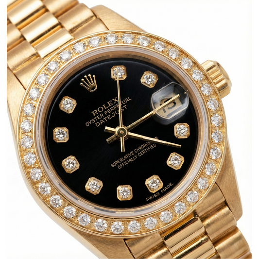 Rolex-Uhr im Präsidentenstil mit schwarzem Diamant-Zifferblatt und Lünette von Datejust