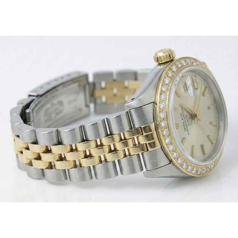 Rolex-Uhr mit Diamantlünette und weißem Stick-Zifferblatt, Edelstahl-Gold-Jubiläumsarmband