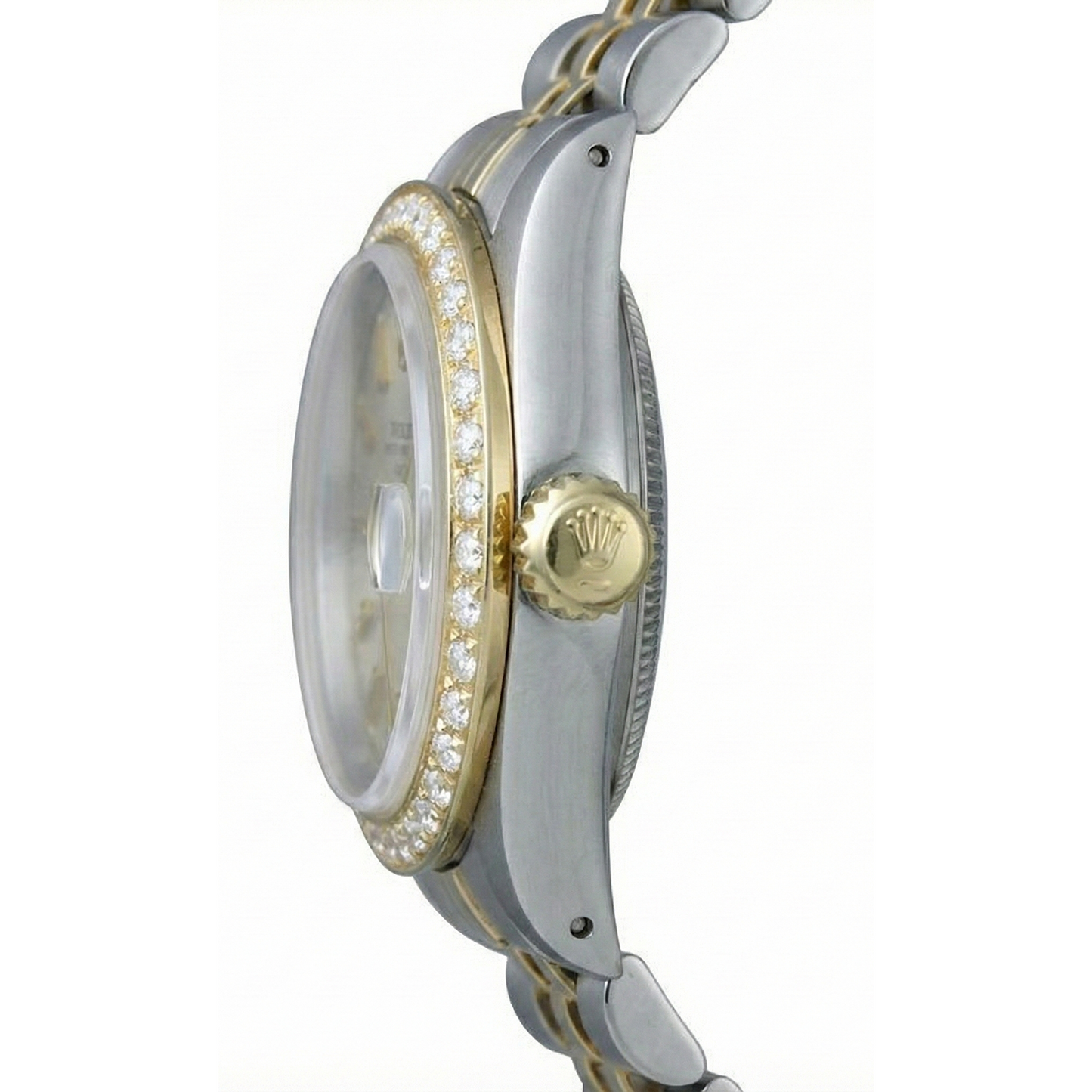 Rolex-Uhr mit Diamantlünette und weißem Stick-Zifferblatt, Edelstahl-Gold-Jubiläumsarmband