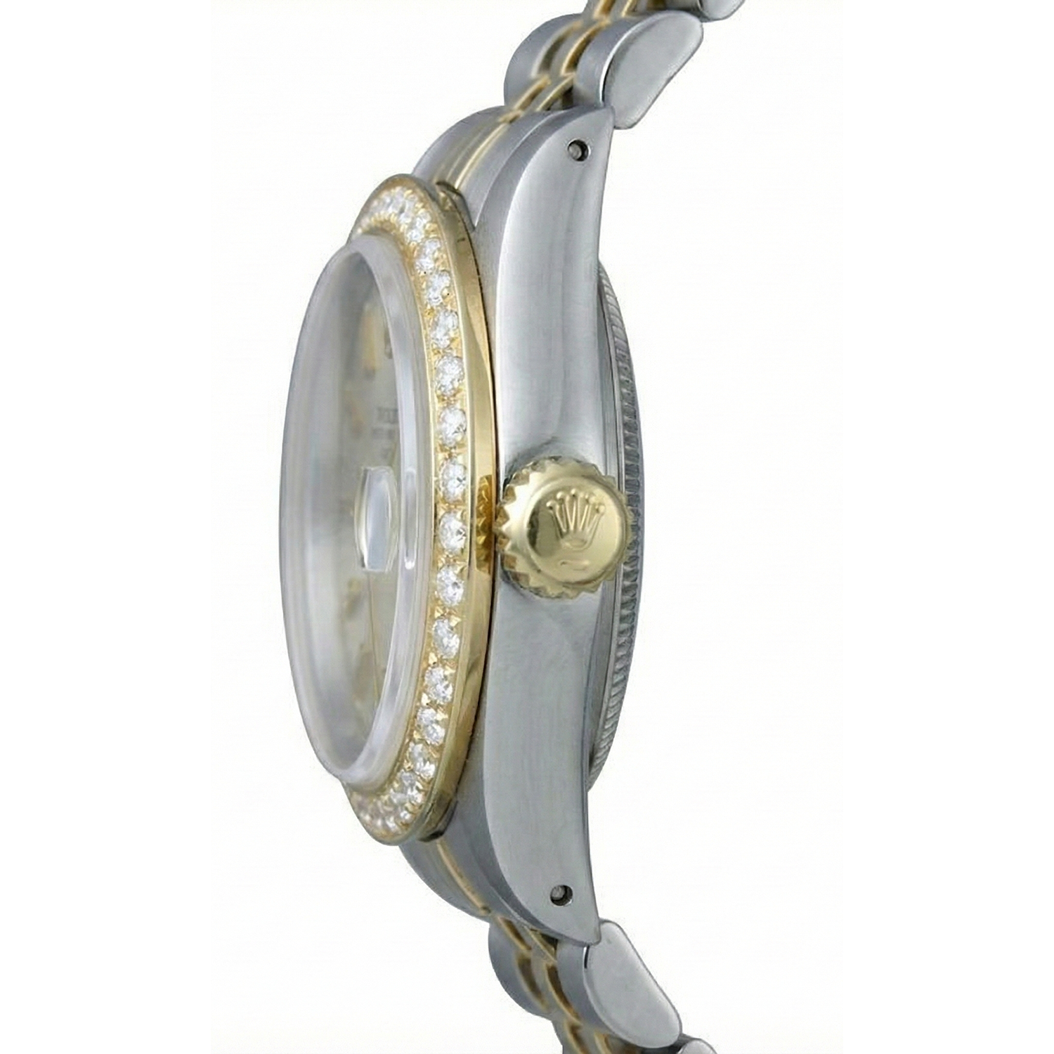 Rolex-Uhr mit Diamantlünette und weißem Stick-Zifferblatt, Edelstahl-Gold-Jubiläumsarmband