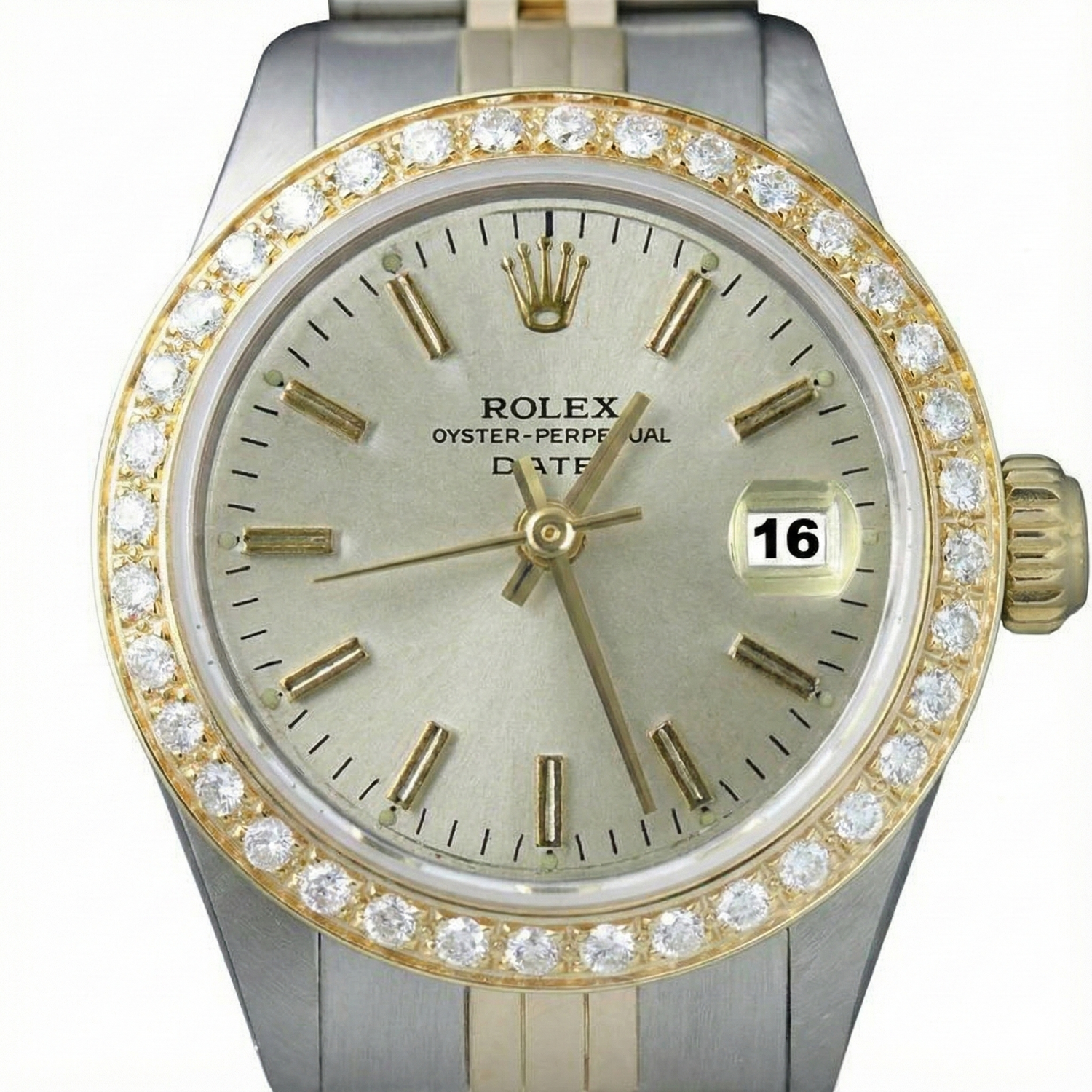 Rolex-Uhr mit Diamantlünette und weißem Stick-Zifferblatt, Edelstahl-Gold-Jubiläumsarmband