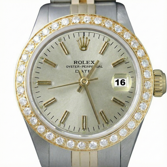 Rolex-Uhr mit Diamantlünette und weißem Stick-Zifferblatt, Edelstahl-Gold-Jubiläumsarmband