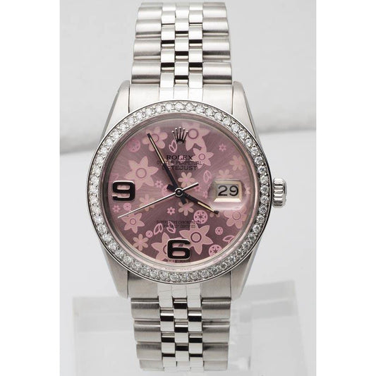 Rolex-Uhr mit rosafarbenem Blumen-Zifferblatt