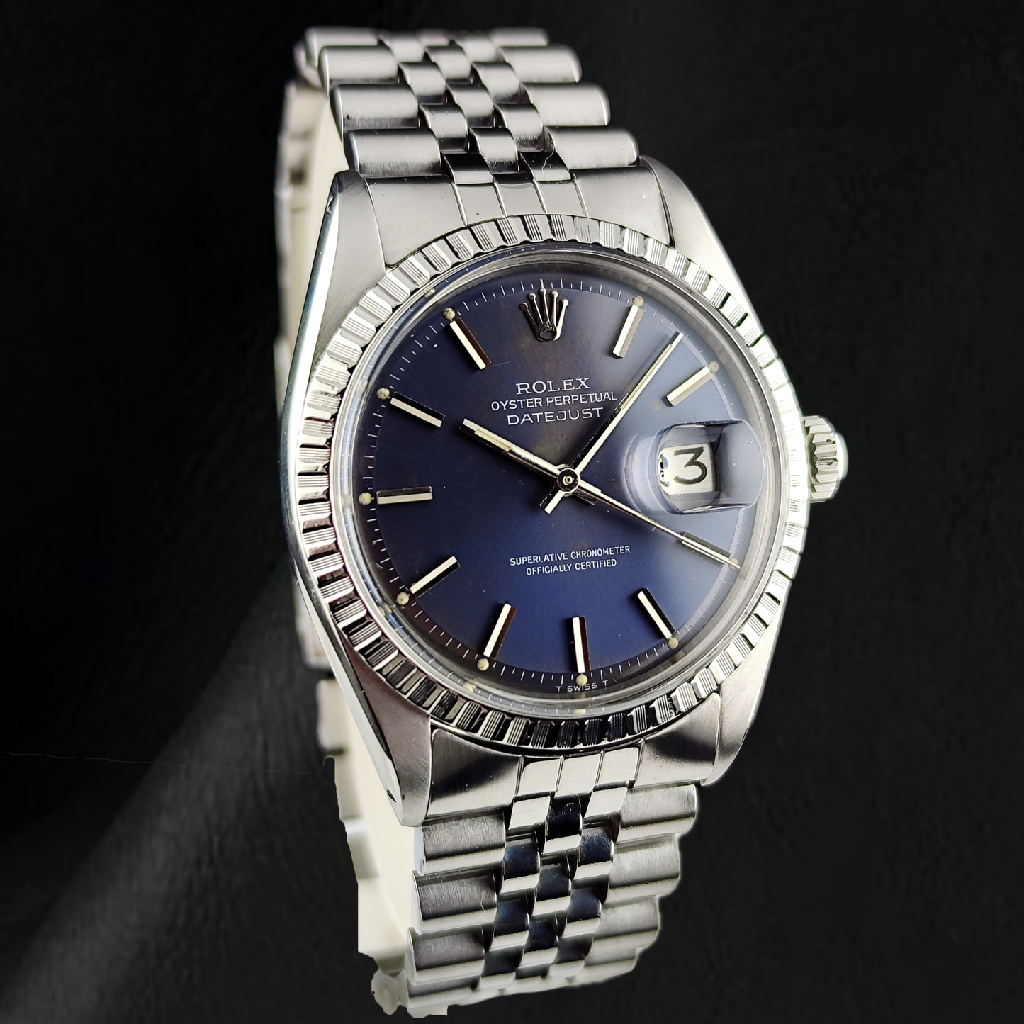 Rolex Datejust 36 mm Edelstahluhr aus dem Jahr 1986, Knick-Zifferblatt mit Stabindizes