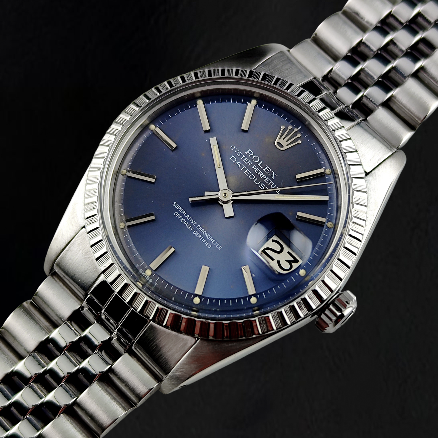 Rolex Datejust 36 mm Edelstahluhr aus dem Jahr 1986, Knick-Zifferblatt mit Stabindizes