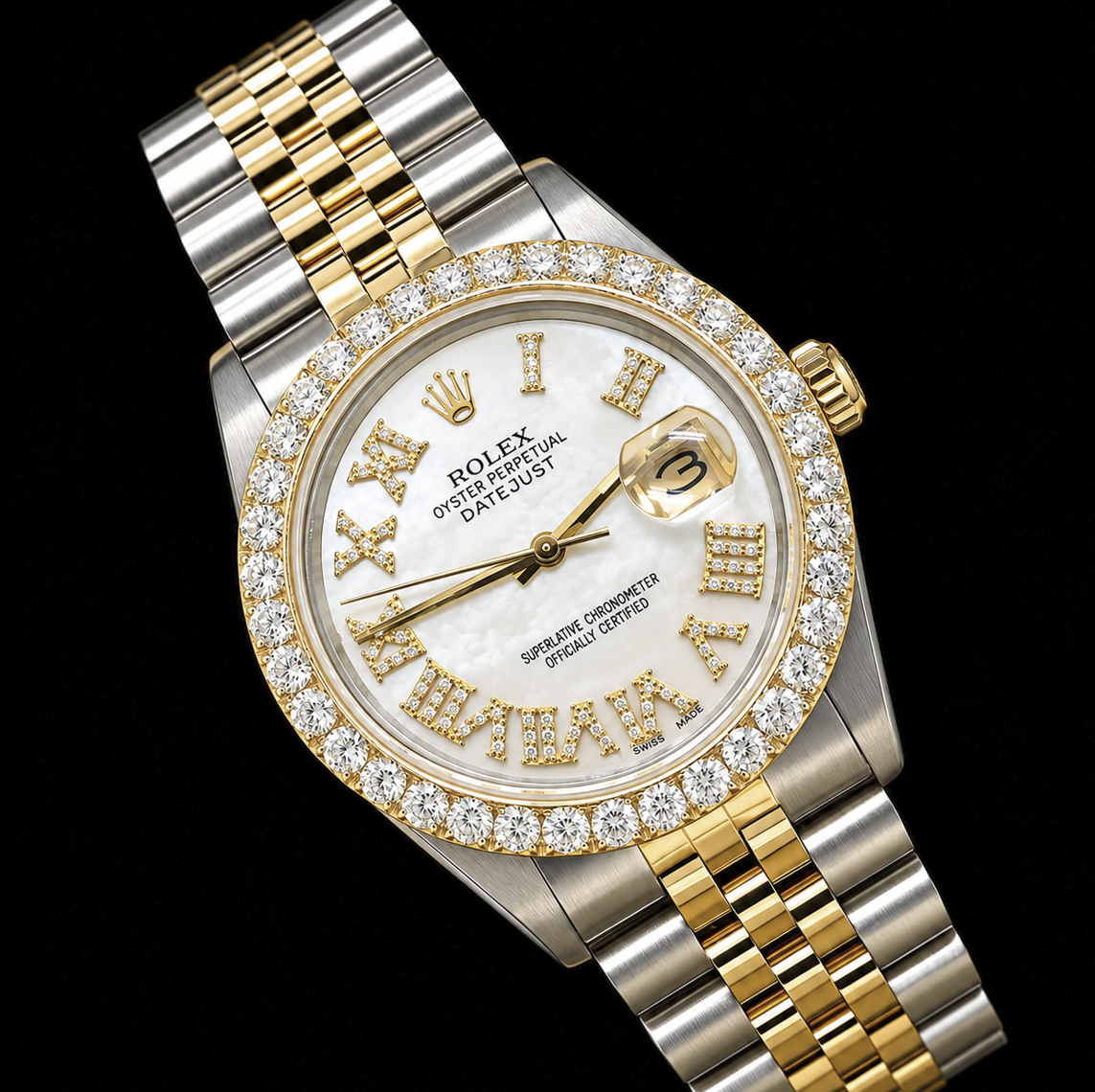 Rolex Datejust 16013 36 mm Bicolor-Uhr mit weißem Perlmutt-Diamantzifferblatt und römischen Ziffern