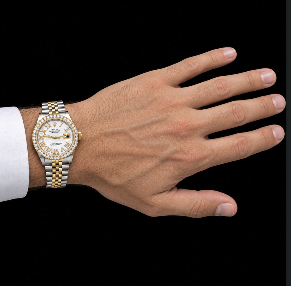 Rolex Datejust 16013 36 mm Bicolor-Uhr mit weißem Perlmutt-Diamantzifferblatt und römischen Ziffern