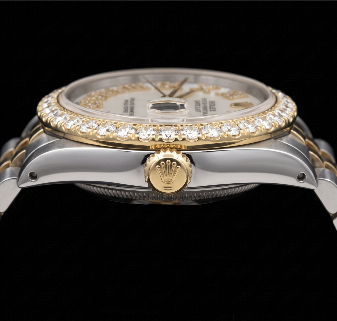 Rolex Datejust 16013 36 mm Bicolor-Uhr mit weißem Perlmutt-Diamantzifferblatt und römischen Ziffern