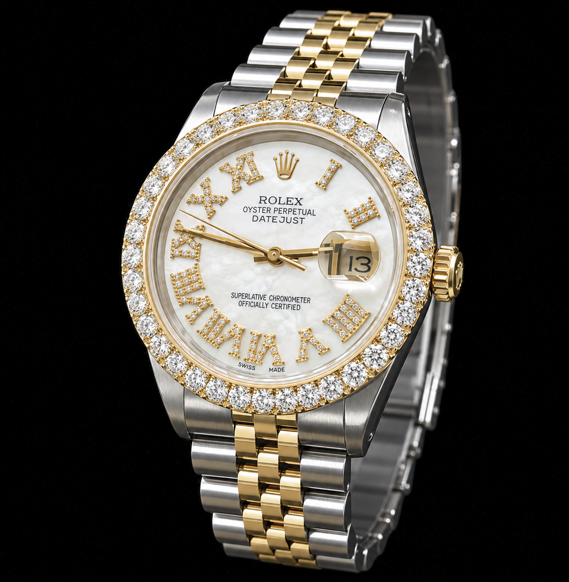 Rolex Datejust 16013 36 mm Bicolor-Uhr mit weißem Perlmutt-Diamantzifferblatt und römischen Ziffern