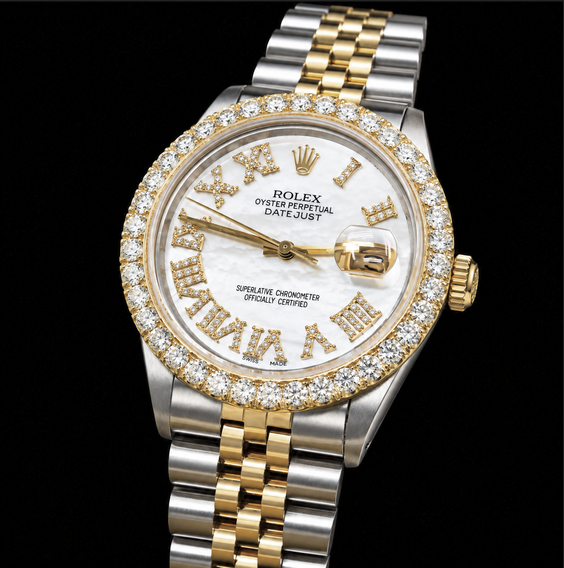 Rolex Datejust 16013 36 mm Bicolor-Uhr mit weißem Perlmutt-Diamantzifferblatt und römischen Ziffern