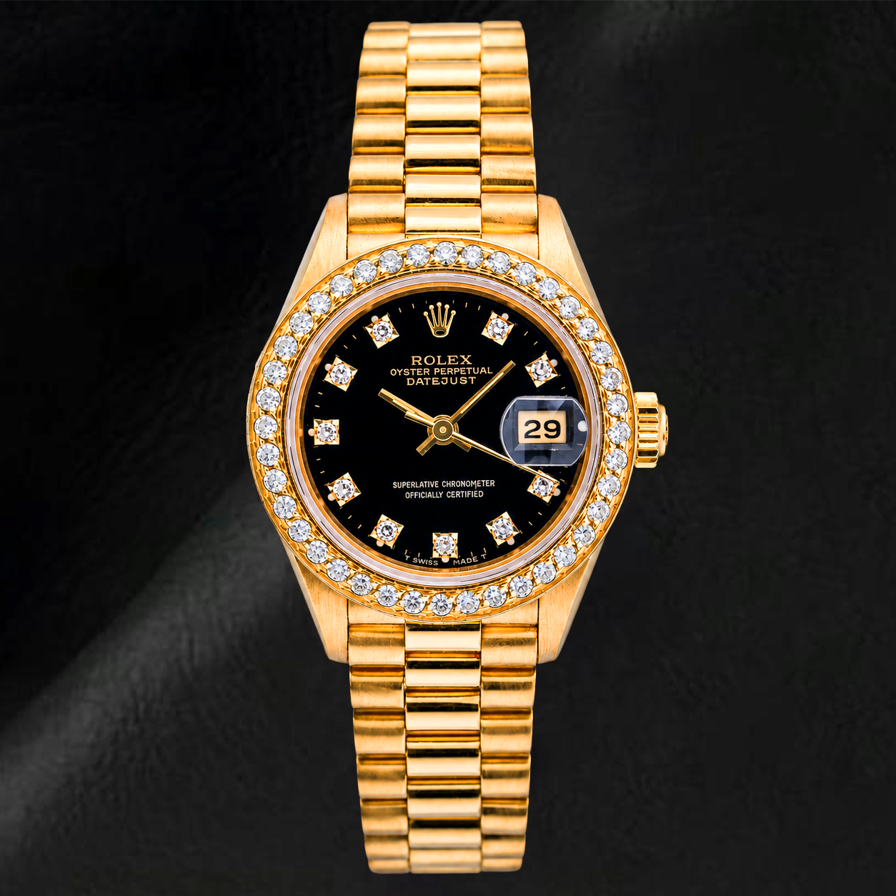 Rolex Datejust 26 mm 69178 Schwarzes Original-Diamantzifferblatt Diamantlünette Gelbgold