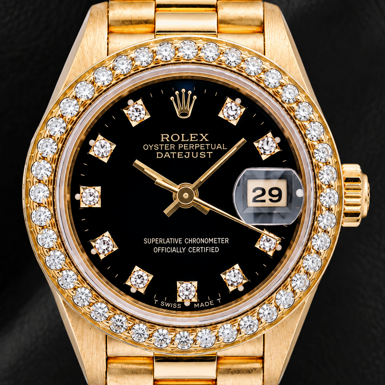Rolex Datejust 26 mm 69178 Schwarzes Original-Diamantzifferblatt Diamantlünette Gelbgold