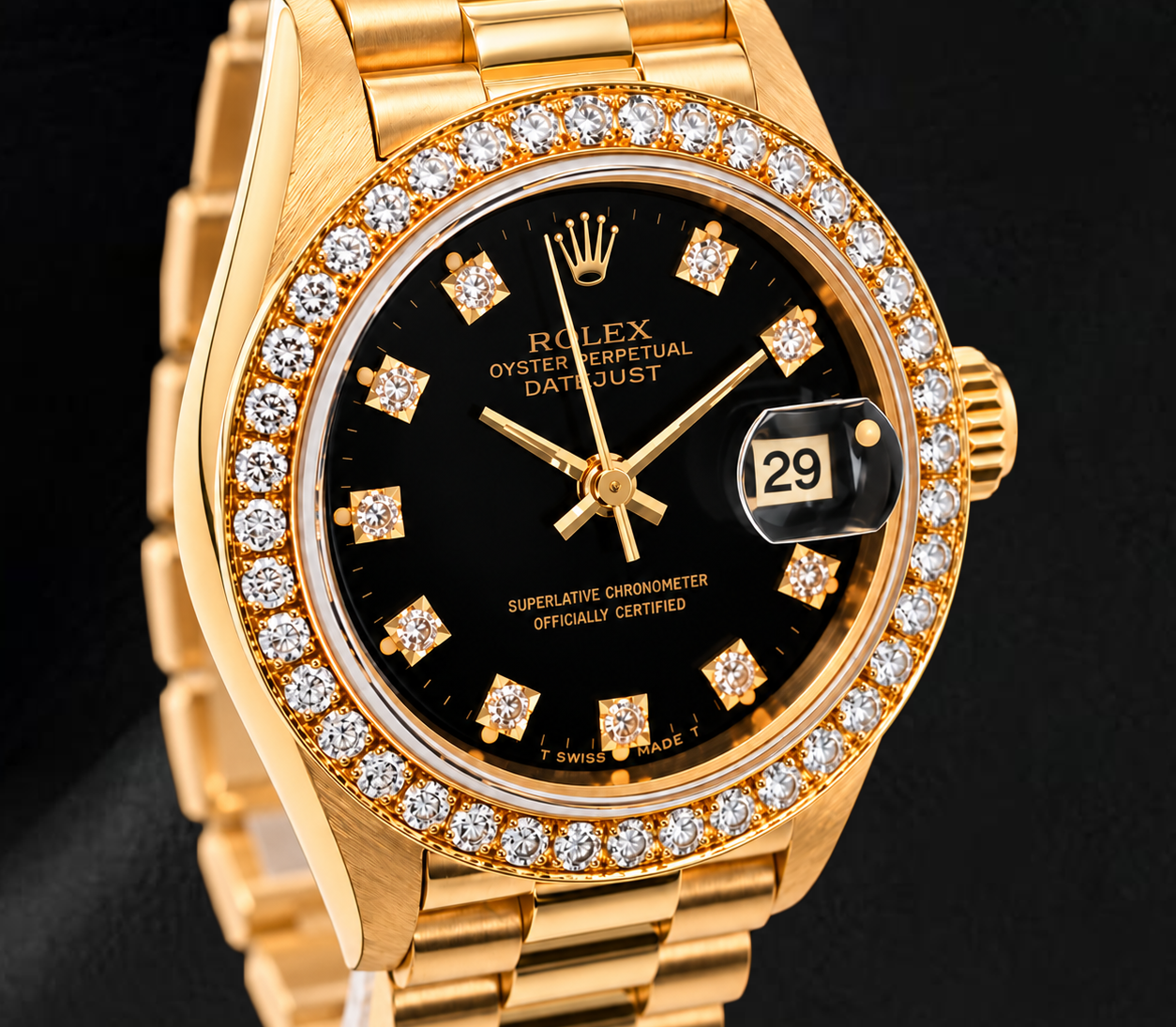 Rolex Datejust 26 mm 69178 Schwarzes Original-Diamantzifferblatt Diamantlünette Gelbgold