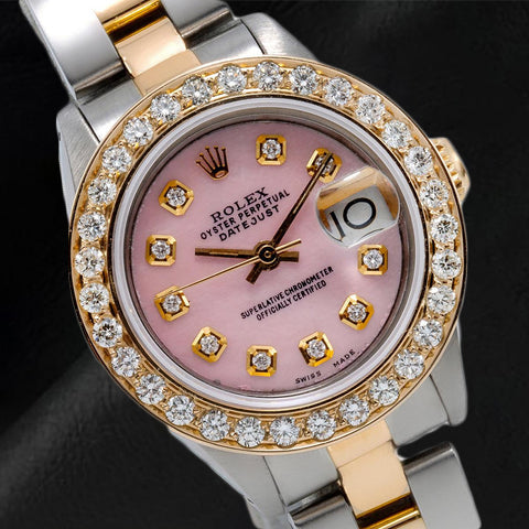 Rolex Datejust 26 mm, rosa Perlmutt-Zifferblatt mit Diamanten, zweifarbiges Oyster-Armband