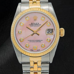 Rolex Datejust 36 mm, zweifarbige Uhr mit rosa Perlmutt-Zifferblatt und Diamanten