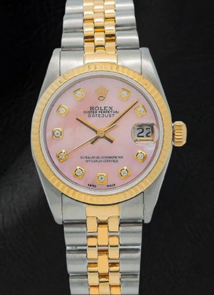 Rolex Datejust 36 mm, zweifarbige Uhr mit rosa Perlmutt-Zifferblatt und Diamanten