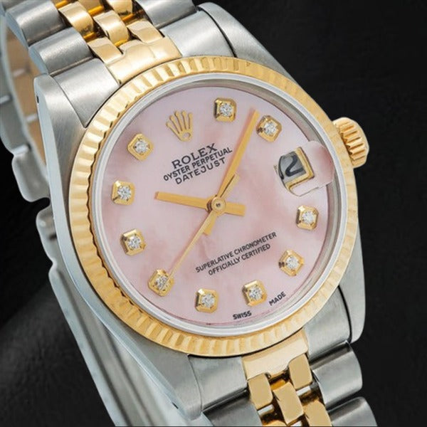 Rolex Datejust 36 mm, zweifarbige Uhr mit rosa Perlmutt-Zifferblatt und Diamanten