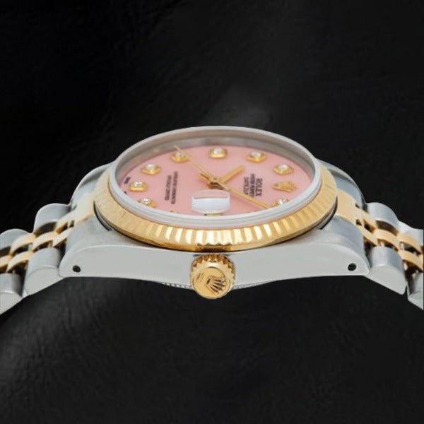 Rolex Datejust 36 mm, zweifarbige Uhr mit rosa Perlmutt-Zifferblatt und Diamanten