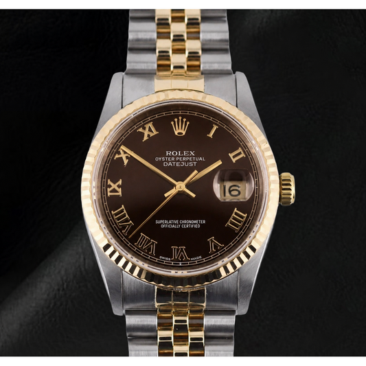 Rolex Datejust Damenuhr, 31 mm, zweifarbig, schokoladenbraun, römische Ziffern.