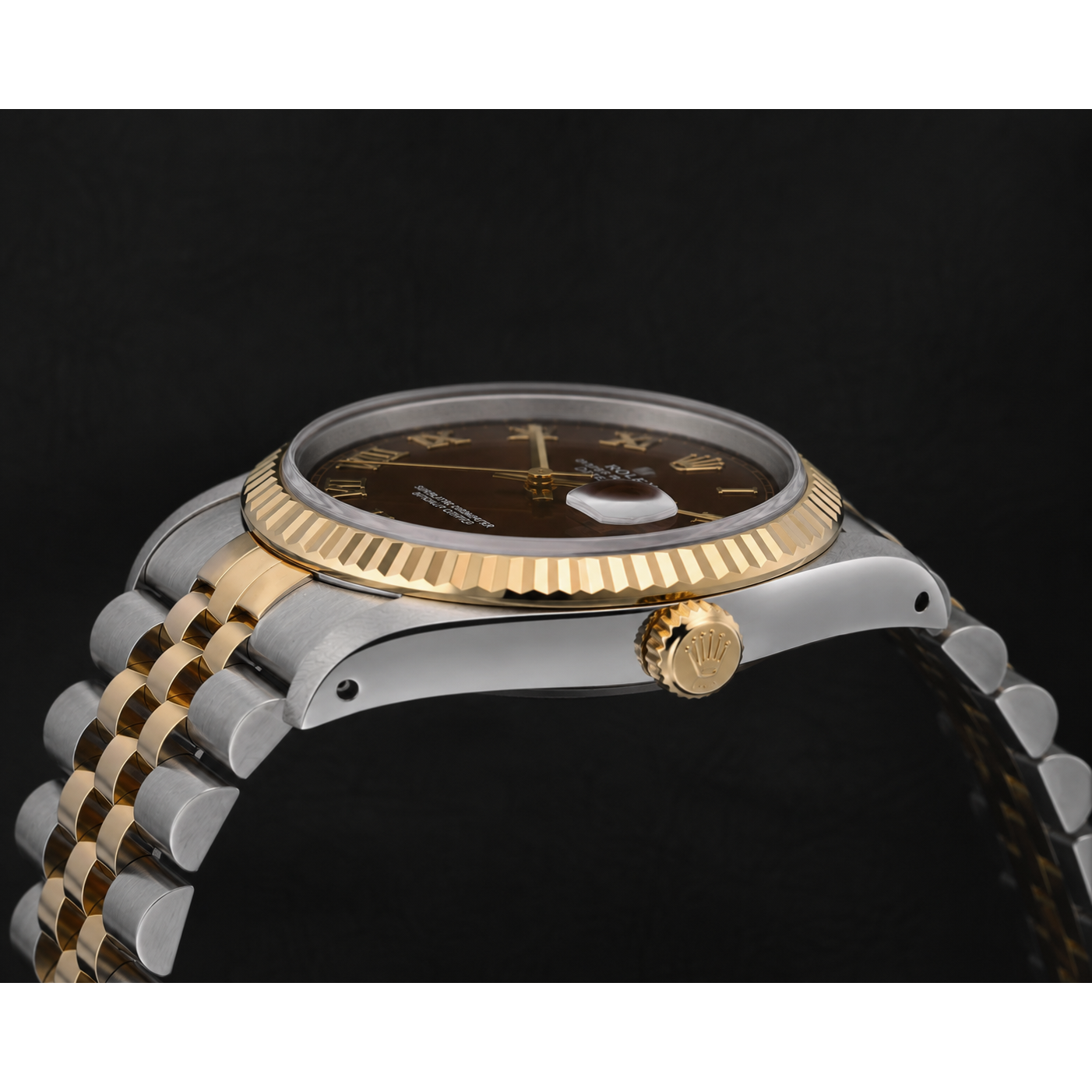 Rolex Datejust Damenuhr, 31 mm, zweifarbig, schokoladenbraun, römische Ziffern.