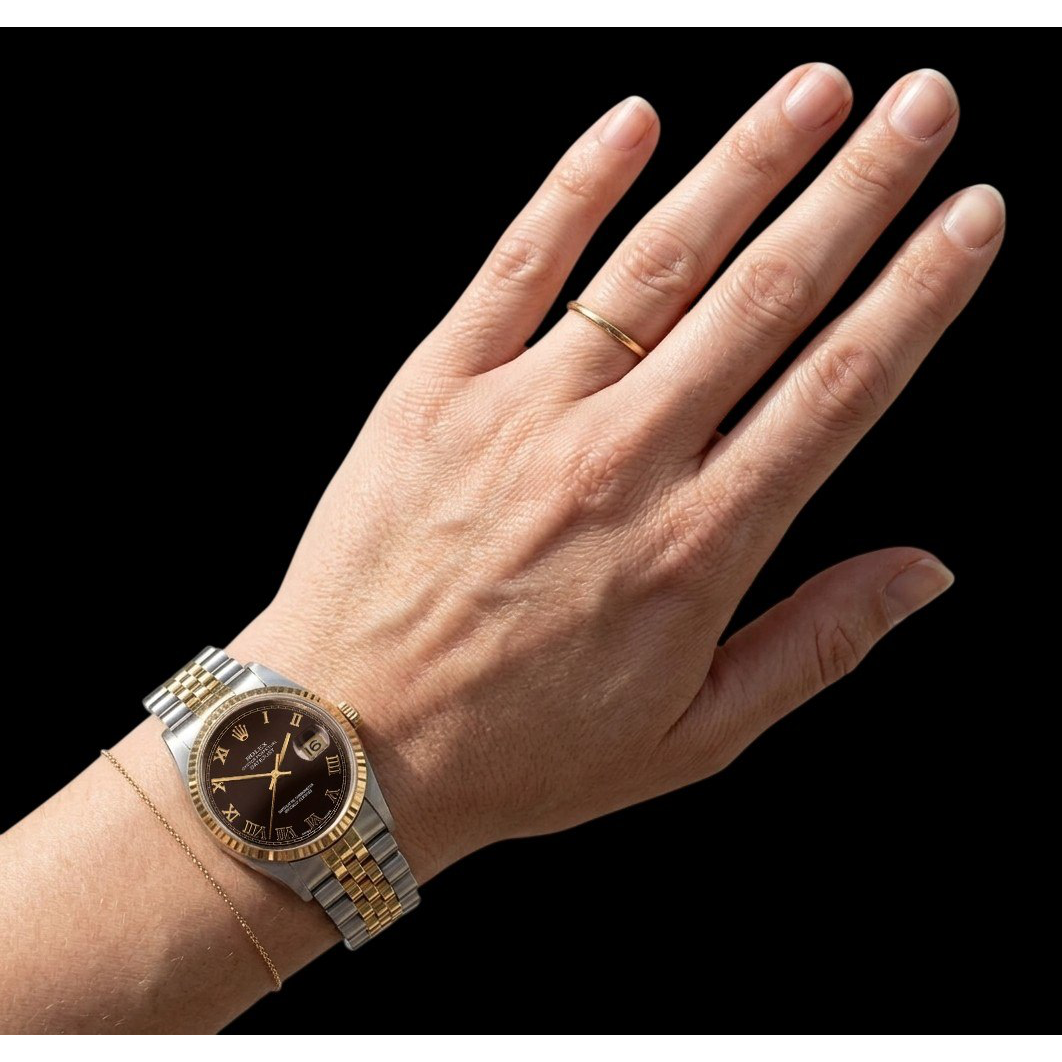 Rolex Datejust Damenuhr, 31 mm, zweifarbig, schokoladenbraun, römische Ziffern.
