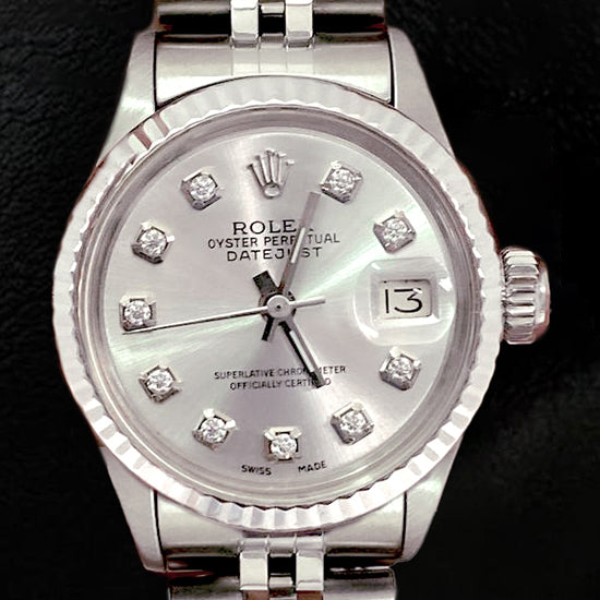 Rolex Datejust Damenuhr mit silbernem Diamant-Zifferblatt und Edelstahl-Jubilee-Armband