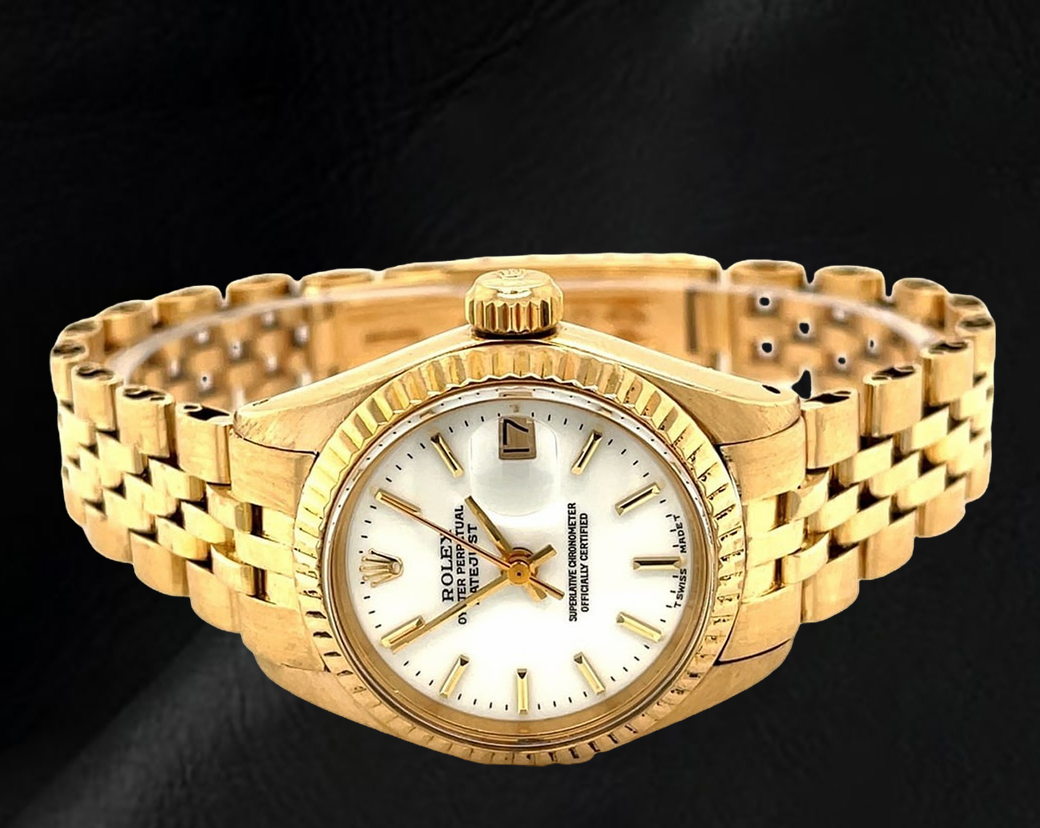 Rolex Datejust, Gelbgold-Damenuhr im President-Stil mit weißem Strichzifferblatt