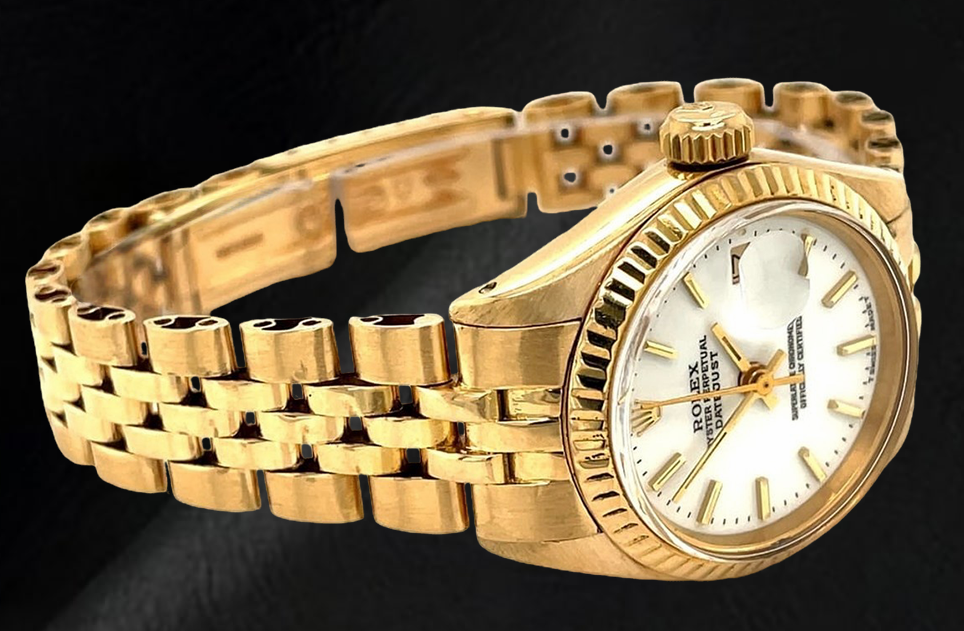 Rolex Datejust, Gelbgold-Damenuhr im President-Stil mit weißem Strichzifferblatt