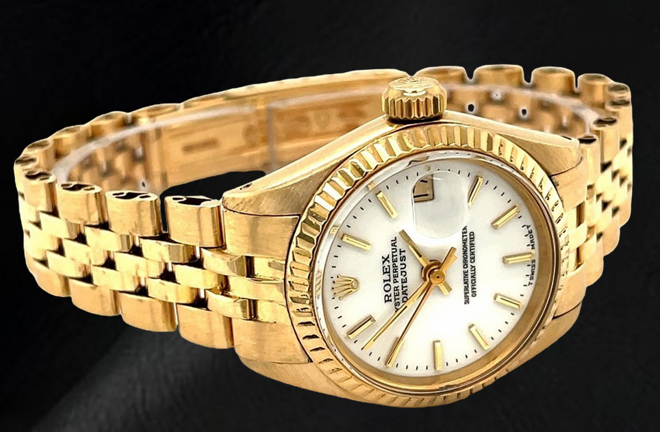 Rolex Datejust, Gelbgold-Damenuhr im President-Stil mit weißem Strichzifferblatt