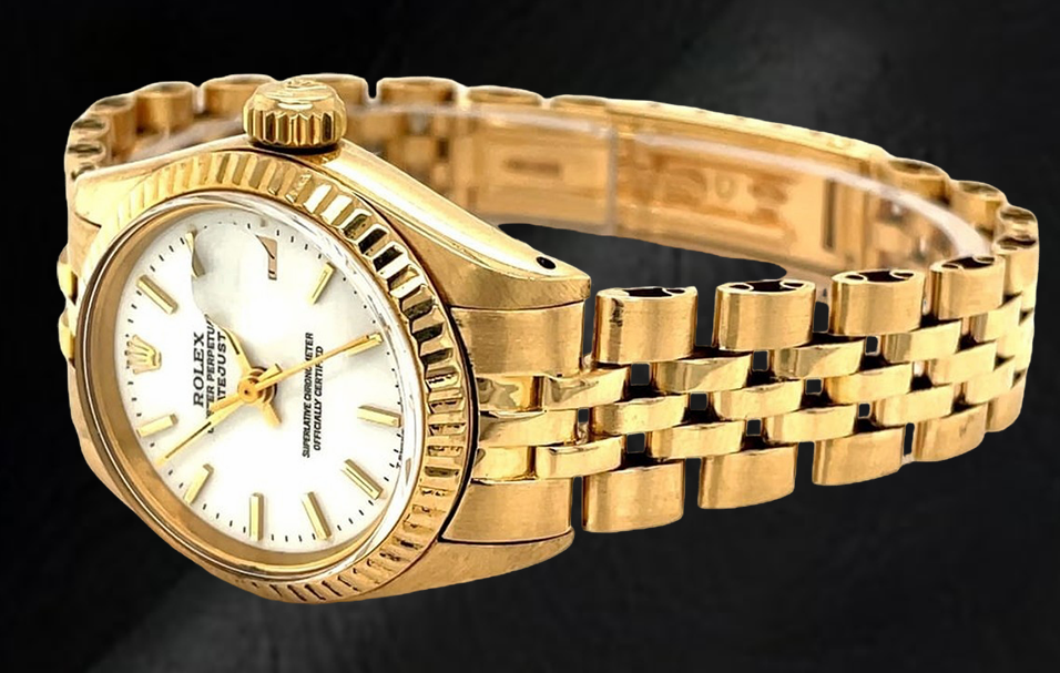 Rolex Datejust, Gelbgold-Damenuhr im President-Stil mit weißem Strichzifferblatt