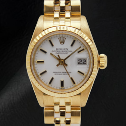 Rolex Lady-Datejust – Armbanduhr mit weißem Stabzifferblatt und Präsidenten-Stil und Gelbgold-Armband