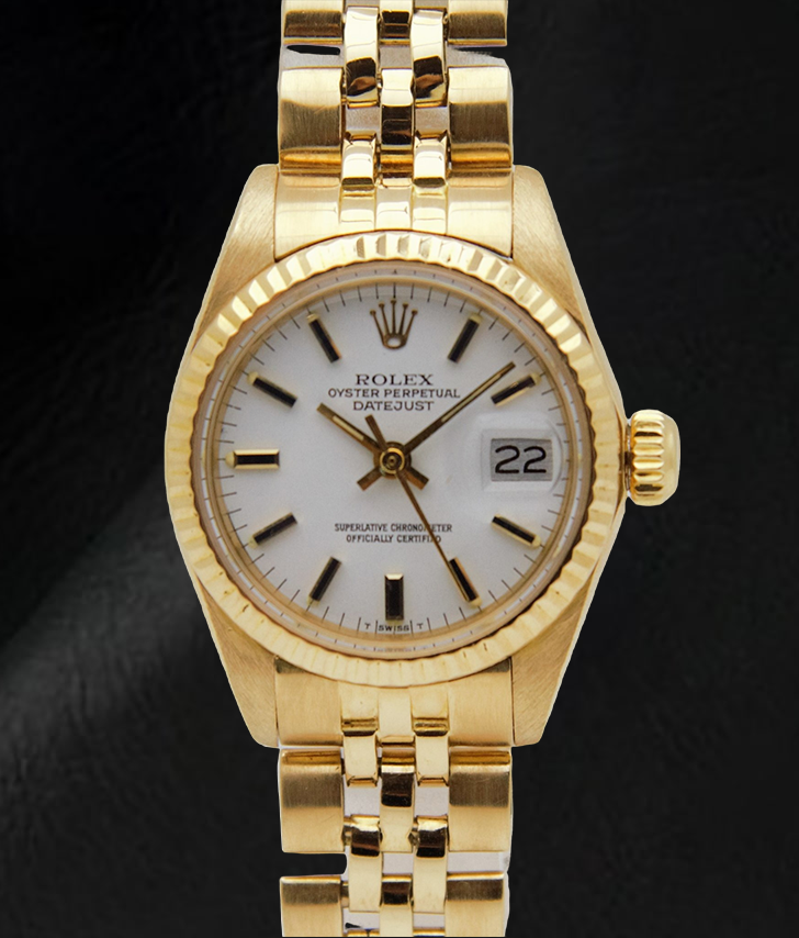 Rolex Lady-Datejust – Armbanduhr mit weißem Stabzifferblatt und Präsidenten-Stil und Gelbgold-Armband