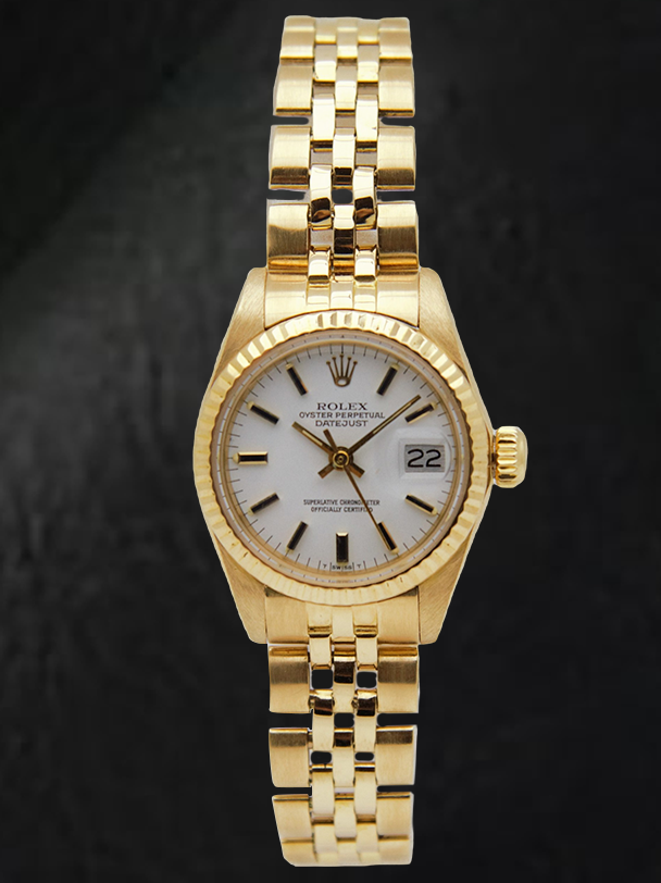 Rolex Lady-Datejust – Armbanduhr mit weißem Stabzifferblatt und Präsidenten-Stil und Gelbgold-Armband