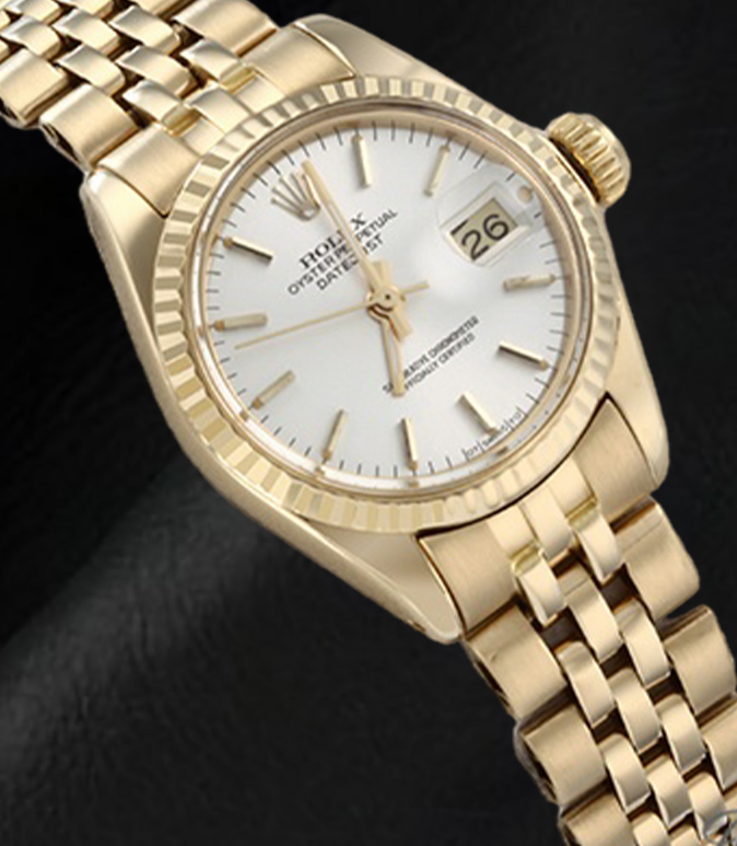 Rolex Lady Datejust Präsident-Armbanduhr aus Gelbgold mit weißem Stick-Zifferblatt