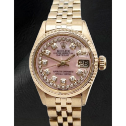 Rolex Lady Datejust Uhr mit rosa Perlmutt-Zifferblatt und Diamanten in Gelbgold