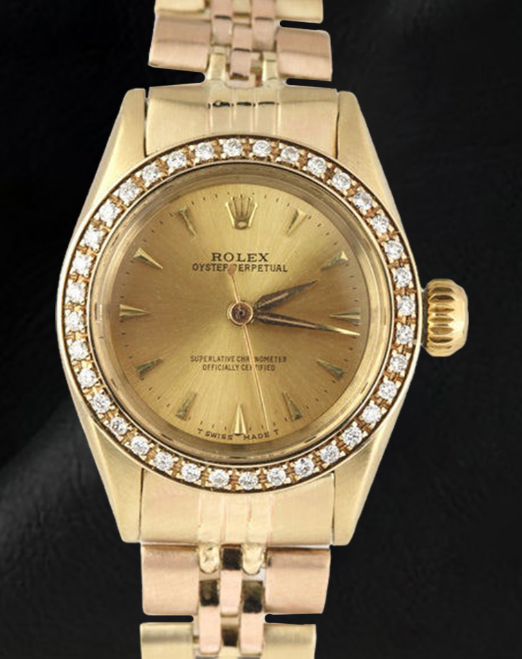 Rolex Oyster Perpetual Damenuhr aus Gelbgold mit Diamantlünette