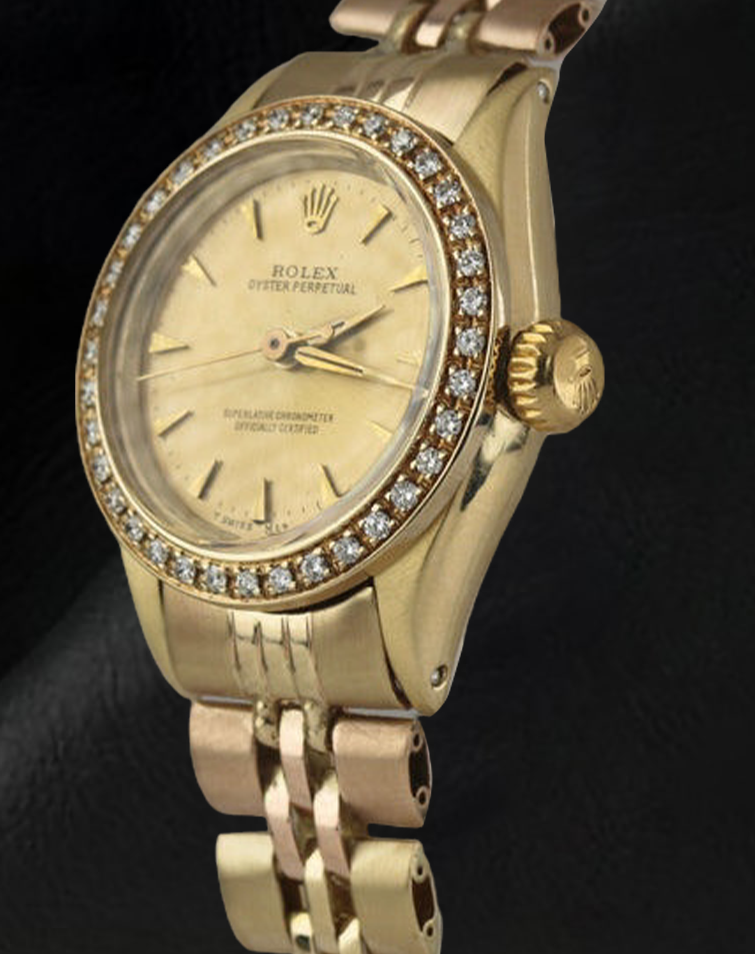 Rolex Oyster Perpetual Damenuhr aus Gelbgold mit Diamantlünette