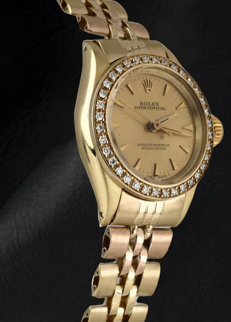 Rolex Oyster Perpetual Damenuhr aus Gelbgold mit Diamantlünette