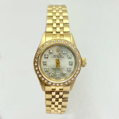 Rolex Oyster Uhr mit Perlmutt-Zifferblatt und Diamanten, Gelbgold-Jubilee-Armband