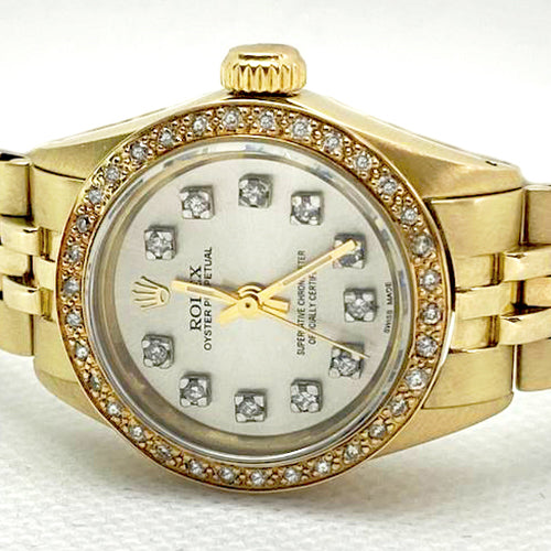 Rolex Oyster Uhr mit Perlmutt-Zifferblatt und Diamanten, Gelbgold-Jubilee-Armband