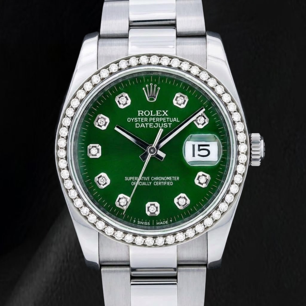Rolex 116200 Datejust 36 mm Edelstahl-Uhr mit grünem Diamantzifferblatt