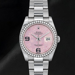 Rolex 116200 Datejust 36 mm Edelstahl-Uhr mit Diamanten, rosa florales Zifferblatt mit arabischen Ziffern