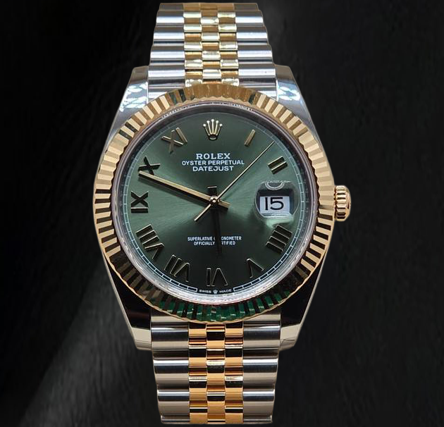 Rolex 126333 Datejust 41 mm Bicolor-Uhr mit grünem Zifferblatt und römischen Ziffern