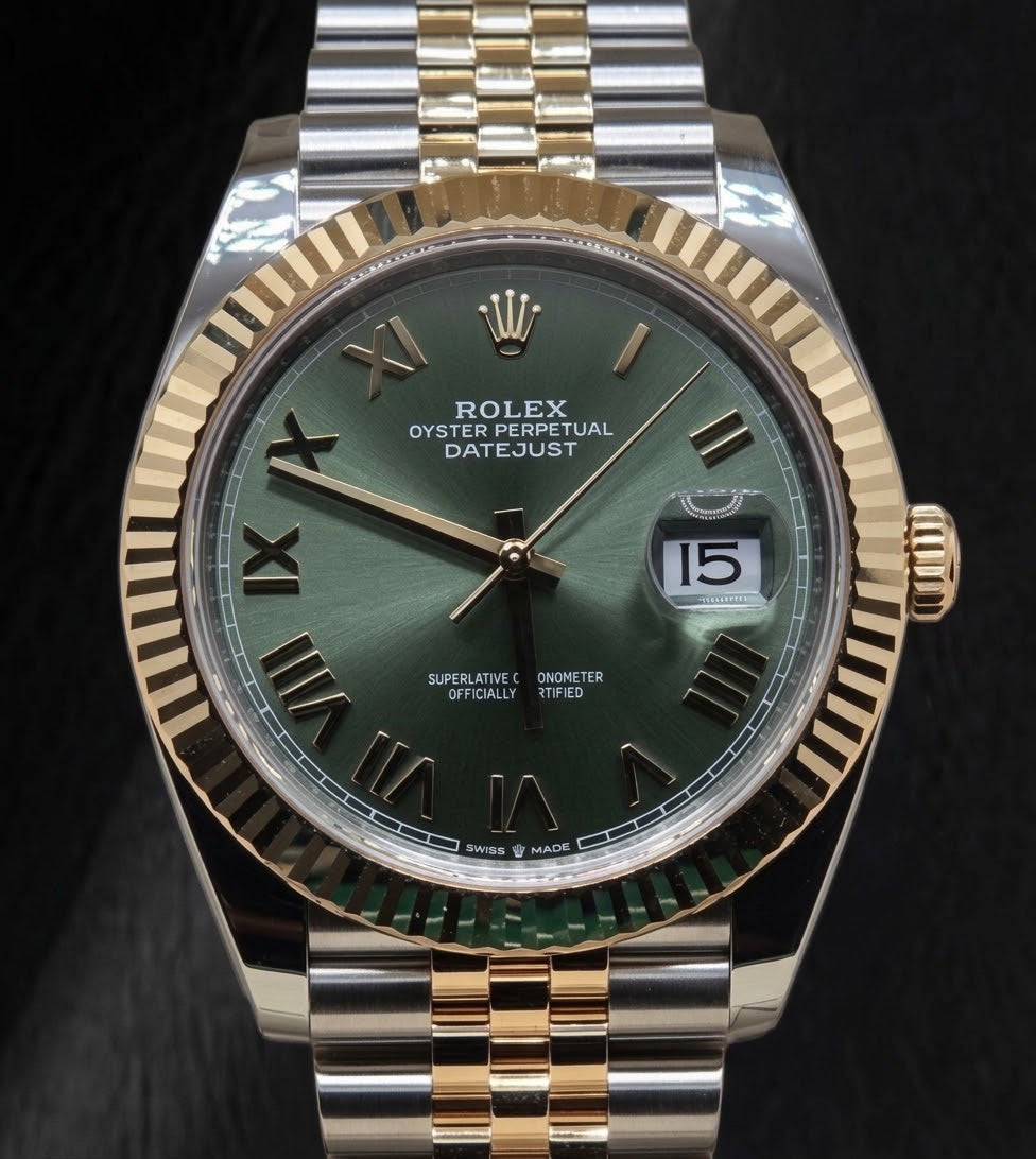 Rolex 126333 Datejust 41 mm Bicolor-Uhr mit grünem Zifferblatt und römischen Ziffern