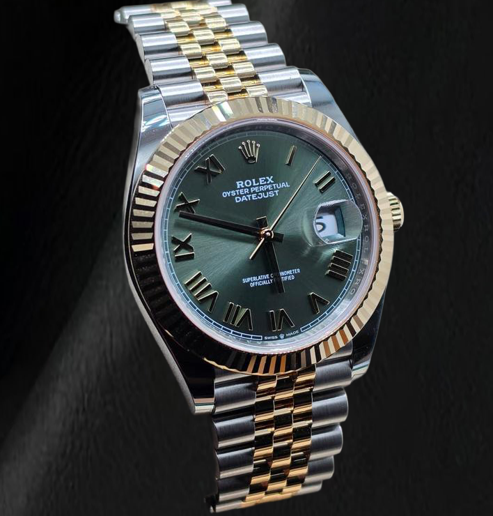Rolex 126333 Datejust 41 mm Bicolor-Uhr mit grünem Zifferblatt und römischen Ziffern